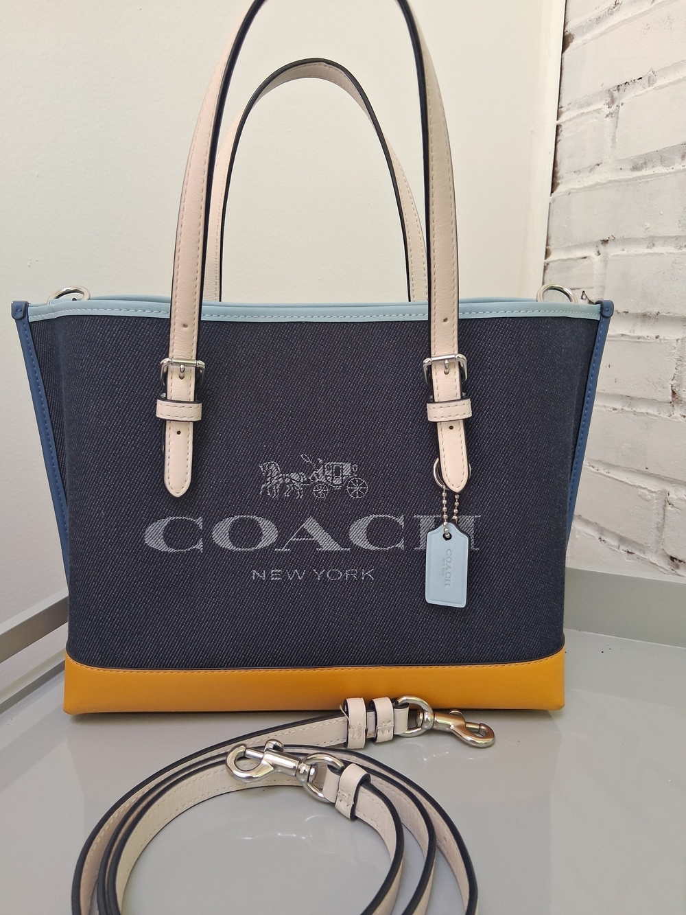Coach Mollie Denim Colorblock Tote - Navy, Yellow & Light Blue